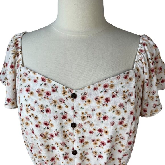 Monteau Button Front Top Womens XL Cream Pink Sweetheart Neck Floral - Picture 3 of 8